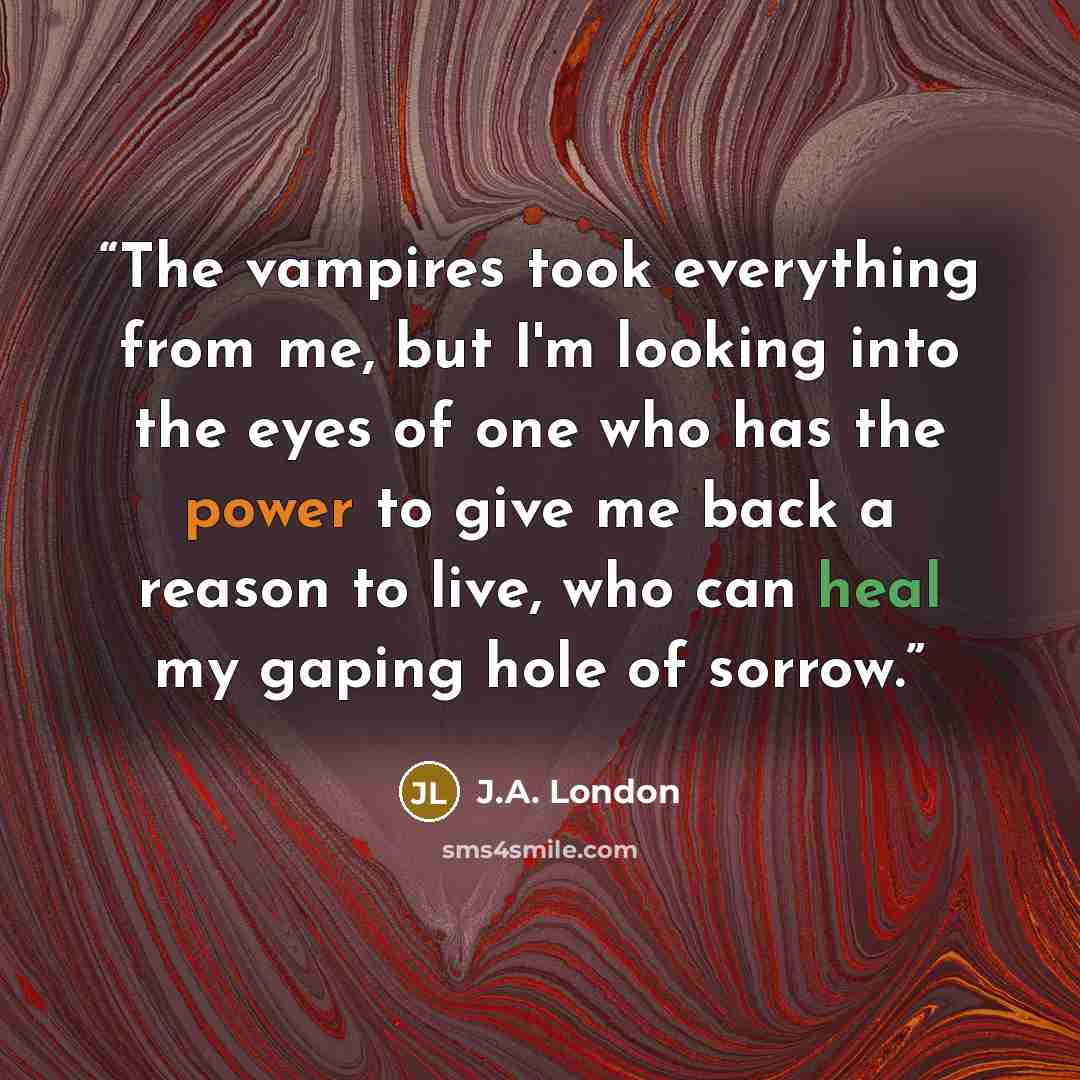 “The vampires took everything from me, but I'm looking into the eyes of one who has the power to give me back a reason to live, who can heal my gaping hole of sorrow.” quote by J.A. London