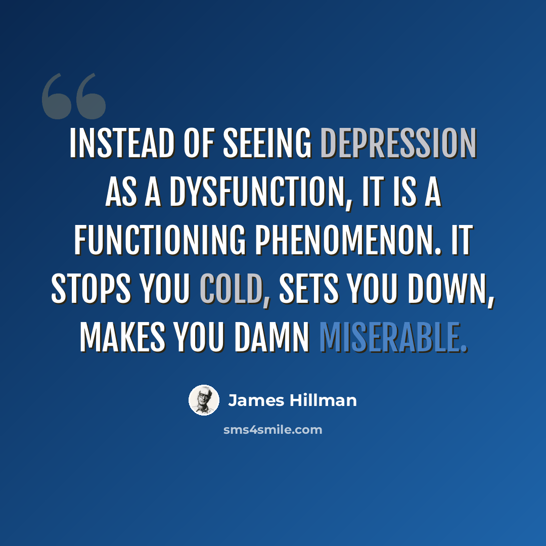 “Instead of seeing depression as a dysfunction, it is a functioning phenomenon. It stops you cold, sets you down, makes you damn miserable.” quote by James Hillman
