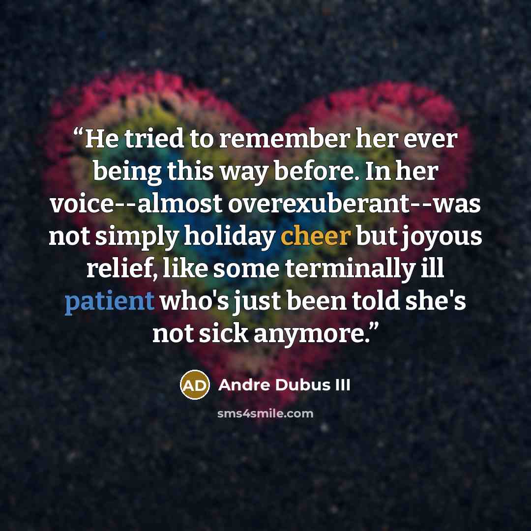 “He tried to remember her ever being this way before. In her voice--almost overexuberant--was not simply holiday cheer but joyous relief, like some terminally ill patient who's just been told she's not sick anymore.” quote by Andre Dubus III