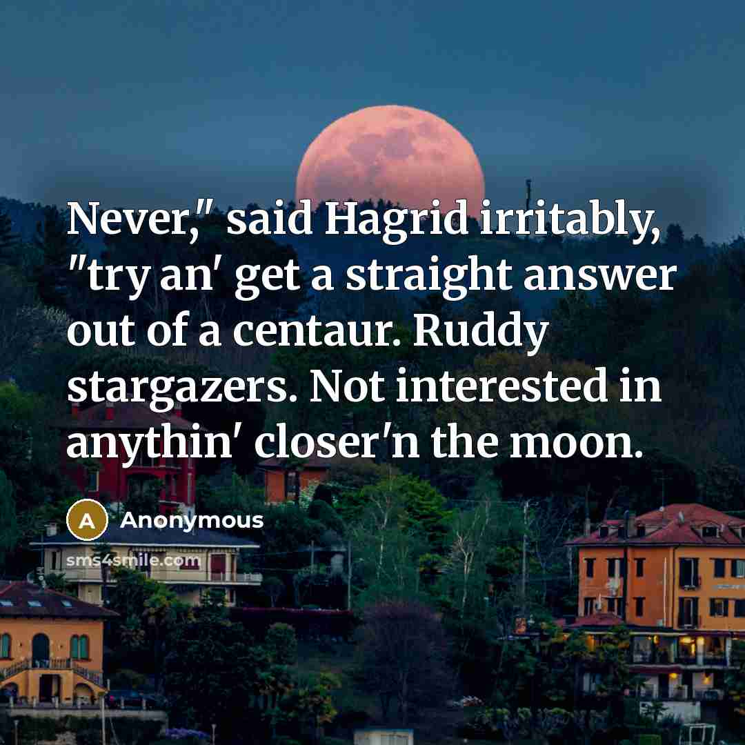 “Never," said Hagrid irritably, "try an' get a straight answer out of a centaur. Ruddy stargazers. Not interested in anythin' closer'n the moon.” quote by Anonymous