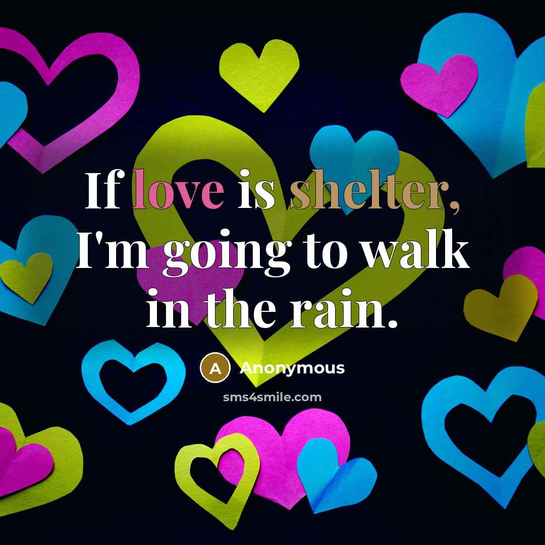“If love is shelter, I'm going to walk in the rain.” quote by Anonymous