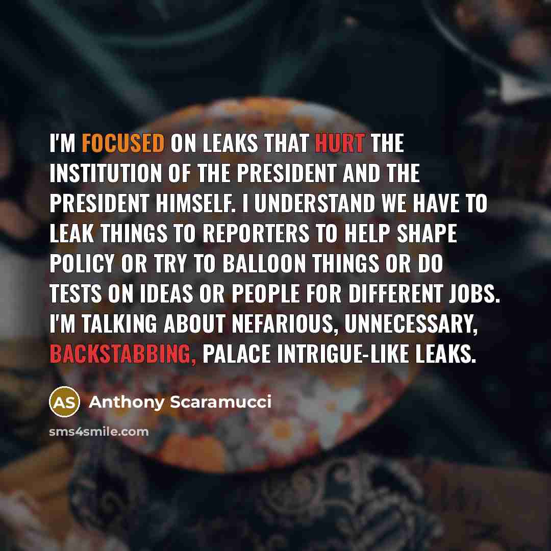 “I'm focused on leaks that hurt the institution of the president and the president himself. I understand we have to leak things to reporters to help shape policy or try to balloon things or do tests on ideas or people for different jobs. I'm talking about nefarious, unnecessary, backstabbing…” quote by Anthony Scaramucci