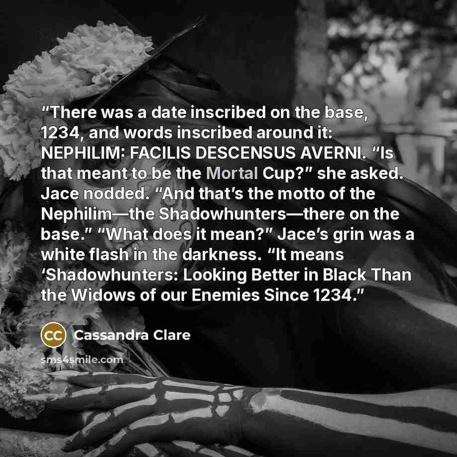 “There was a date inscribed on the base, 1234, and words inscribed around it: NEPHILIM: FACILIS DESCENSUS AVERNI. “Is that meant to be the Mortal Cup?” she asked. Jace nodded. “And that’s the motto of the Nephilim—the Shadowhunters—there on the base.” “What does it mean?” Jace’s grin was a white…” quote by Cassandra Clare