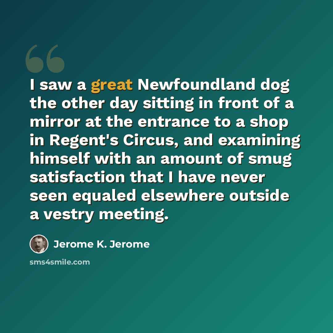 “I saw a great Newfoundland dog the other day sitting in front of a mirror at the entrance to a shop in Regent's Circus, and examining himself with an amount of smug satisfaction that I have never seen equaled elsewhere outside a vestry meeting.” quote by Jerome K. Jerome