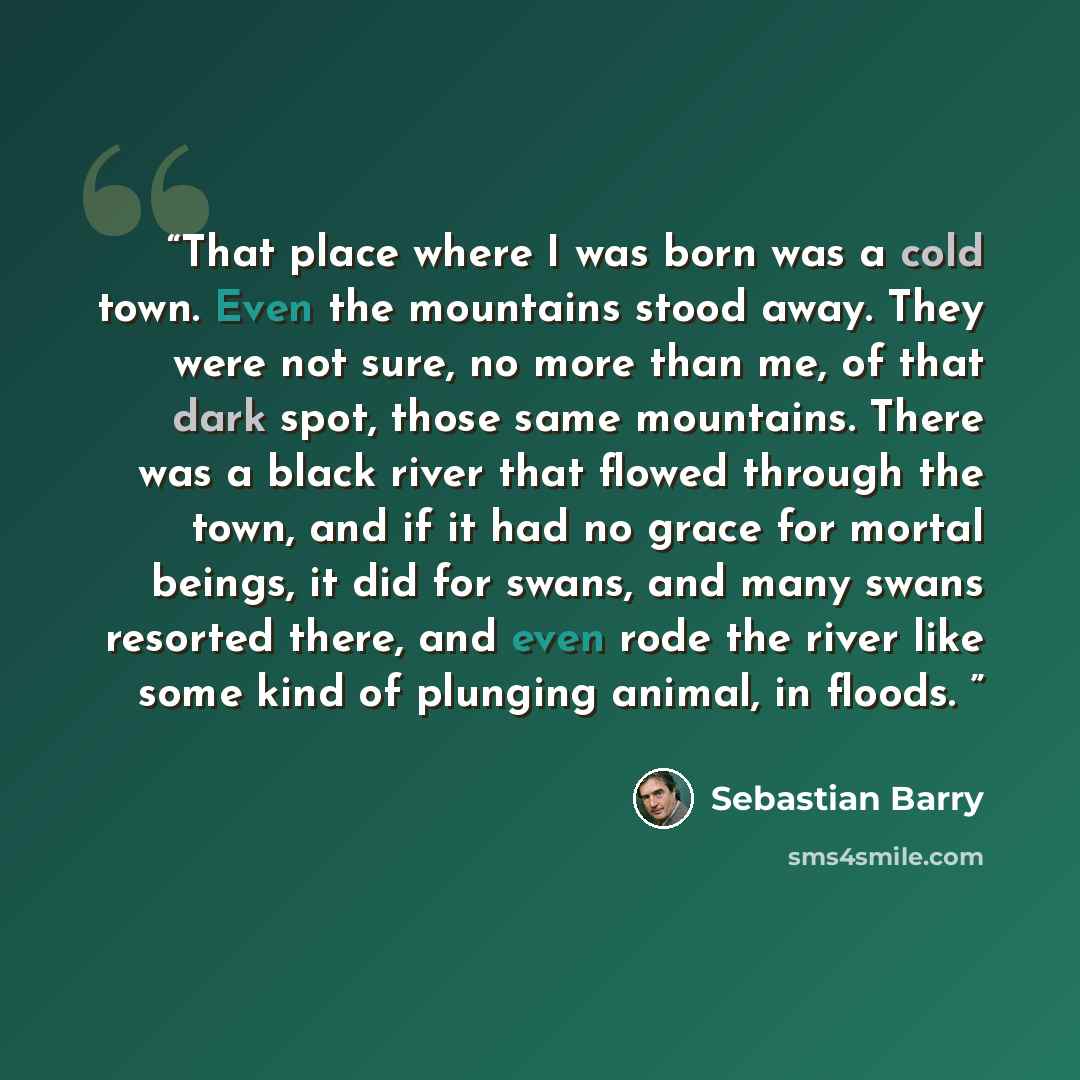 “That place where I was born was a cold town. Even the mountains stood away. They were not sure, no more than me, of that dark spot, those same mountains. There was a black river that flowed through the town, and if it had no grace for mortal beings, it did for swans, and many swans resorted there…” quote by Sebastian Barry