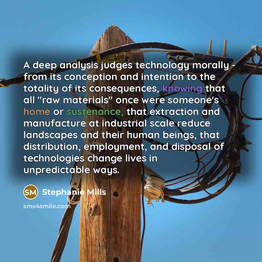 “A deep analysis judges technology morally - from its conception and intention to the totality of its consequences, knowing that all "raw materials" once were someone's home or sustenance, that extraction and manufacture at industrial scale reduce landscapes and their human beings, that…” quote by Stephanie Mills