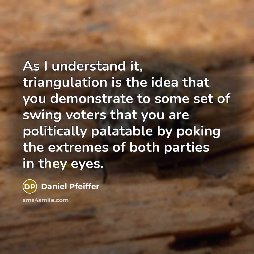 “As I understand it, triangulation is the idea that you demonstrate to some set of swing voters that you are politically palatable by poking the extremes of both parties in they eyes.” quote by Daniel Pfeiffer