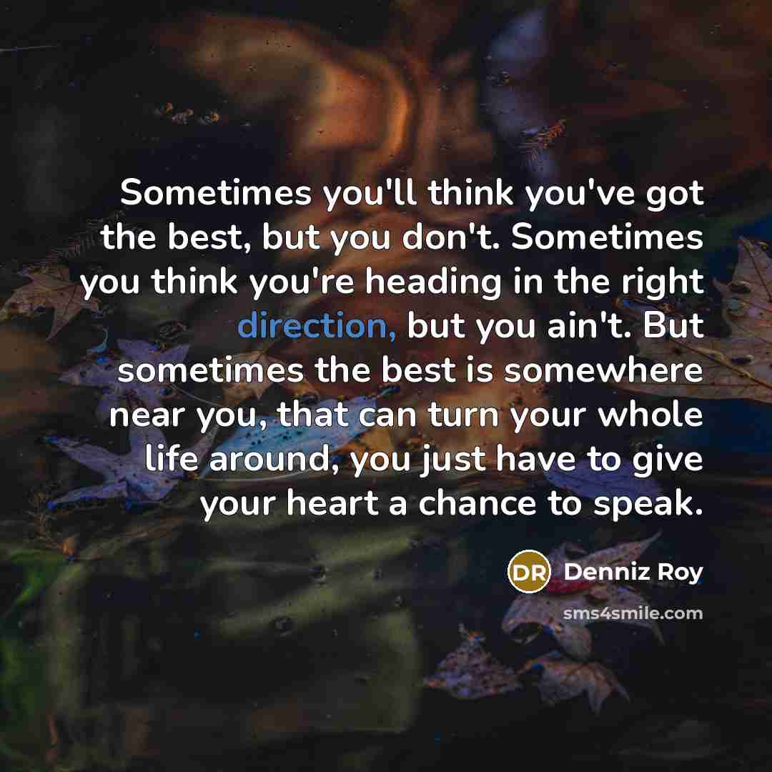 “Sometimes you'll think you've got the best, but you don't. Sometimes you think you're heading in the right direction, but you ain't. But sometimes the best is somewhere near you, that can turn your whole life around, you just have to give your heart a chance to speak.” quote by Denniz Roy