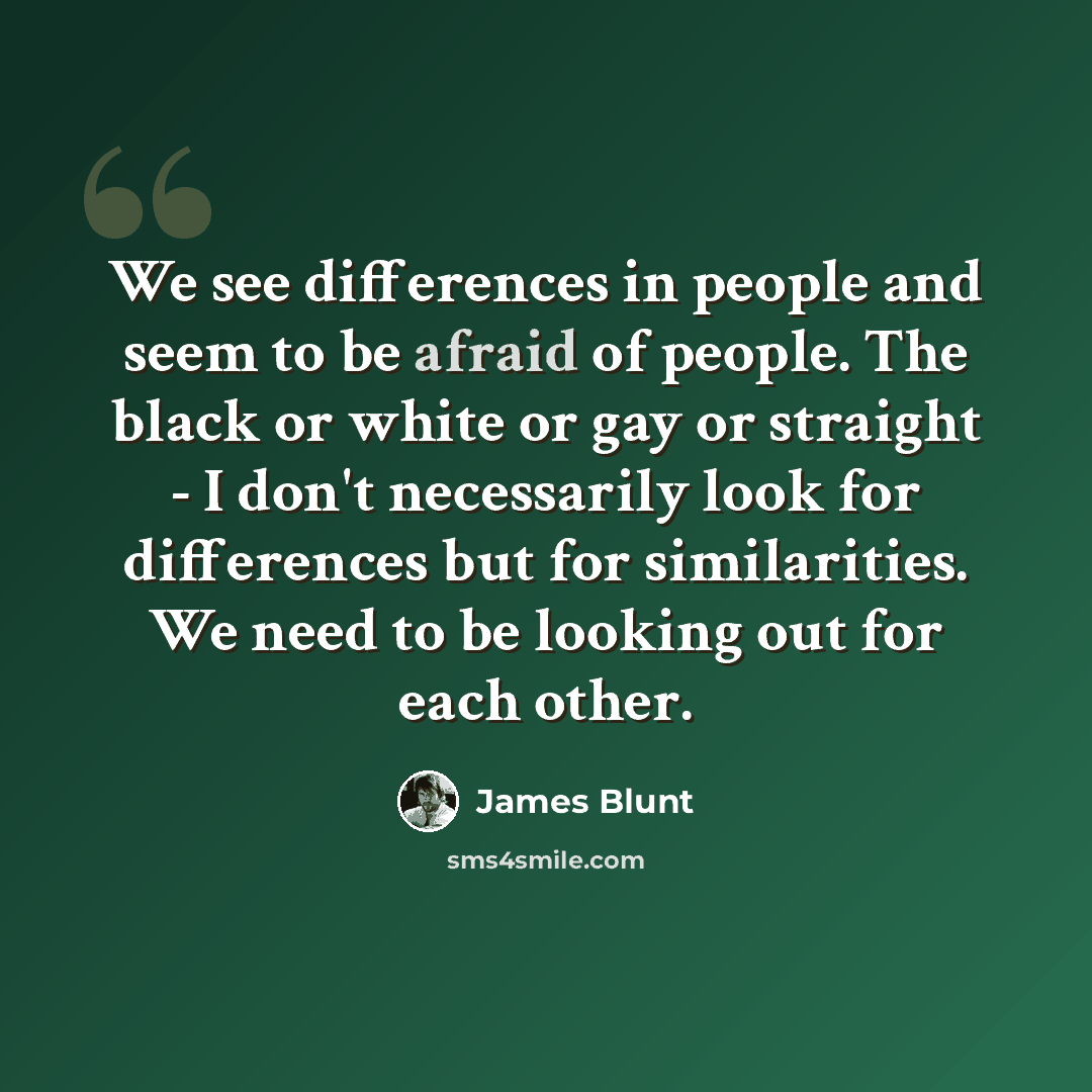 “We see differences in people and seem to be afraid of people. The black or white or gay or straight - I don't necessarily look for differences but for similarities. We need to be looking out for each other.” quote by James Blunt