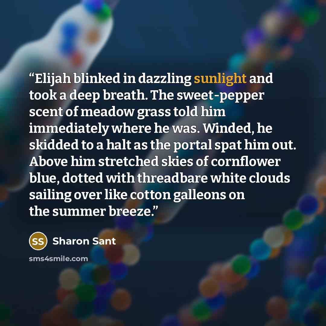 “Elijah blinked in dazzling sunlight and took a deep breath. The sweet-pepper scent of meadow grass told him immediately where he was. Winded, he skidded to a halt as the portal spat him out. Above him stretched skies of cornflower blue, dotted with threadbare white clouds sailing over like cotton…” quote by Sharon Sant