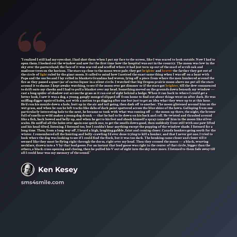 “I realized I still had my eyes shut. I had shut them when I put my face to the screen, like I was scared to look outside. Now I had to open them. I looked out the window and saw for the first time how the hospital was out in the country. The moon was low in the sky over the pastureland; the face…” quote by Ken Kesey