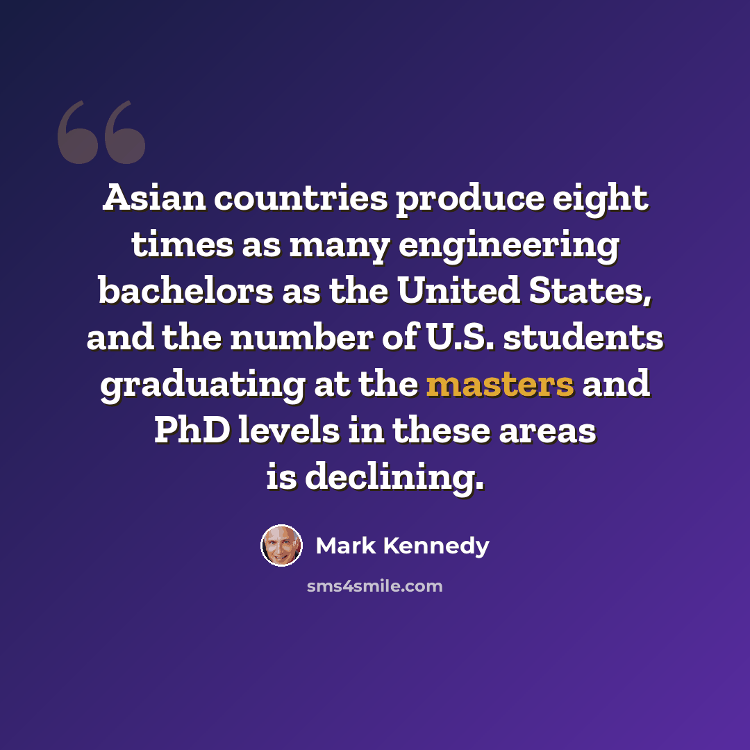 “Asian countries produce eight times as many engineering bachelors as the United States, and the number of U.S. students graduating at the masters and PhD levels in these areas is declining.” quote by Mark Kennedy