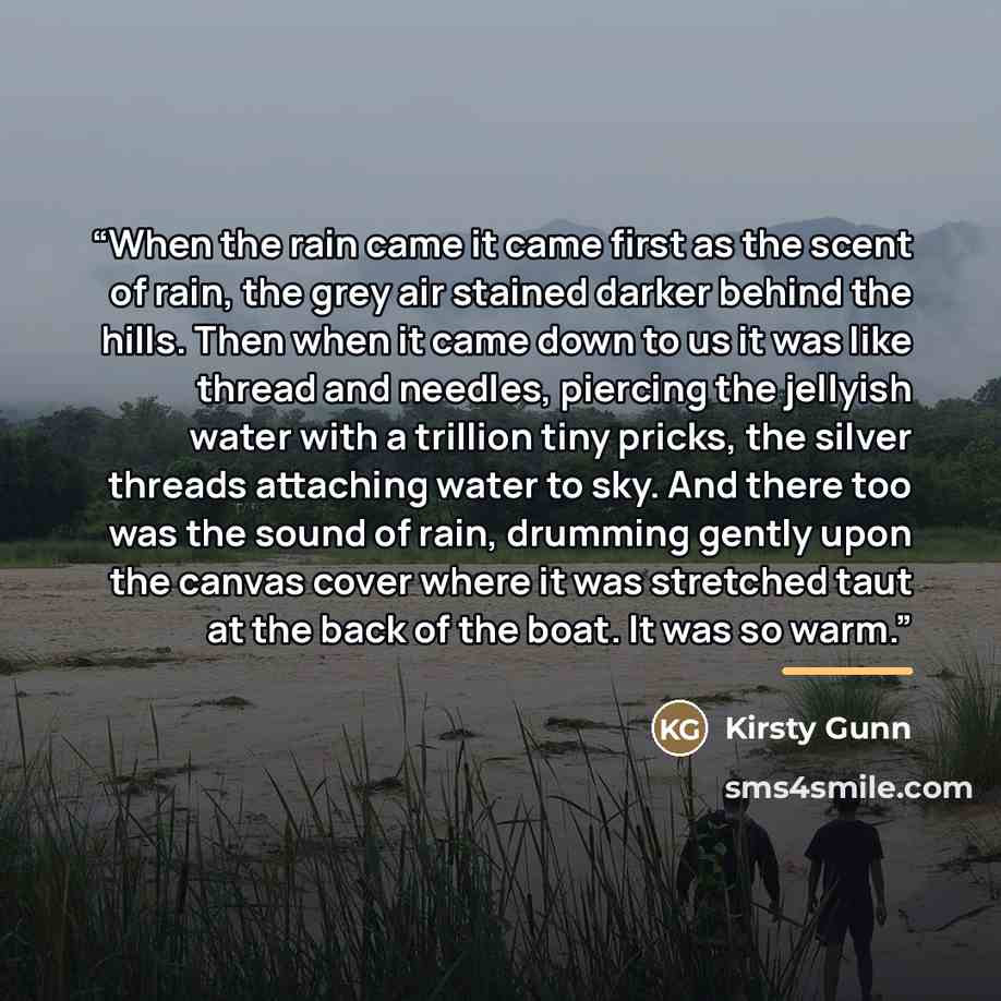 “When the rain came it came first as the scent of rain, the grey air stained darker behind the hills. Then when it came down to us it was like thread and needles, piercing the jellyish water with a trillion tiny pricks, the silver threads attaching water to sky. And there too was the sound of rain…” quote by Kirsty Gunn