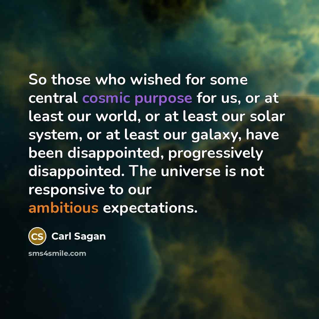 “So those who wished for some central cosmic purpose for us, or at least our world, or at least our solar system, or at least our galaxy, have been disappointed, progressively disappointed. The universe is not responsive to our ambitious expectations.” quote by Carl Sagan