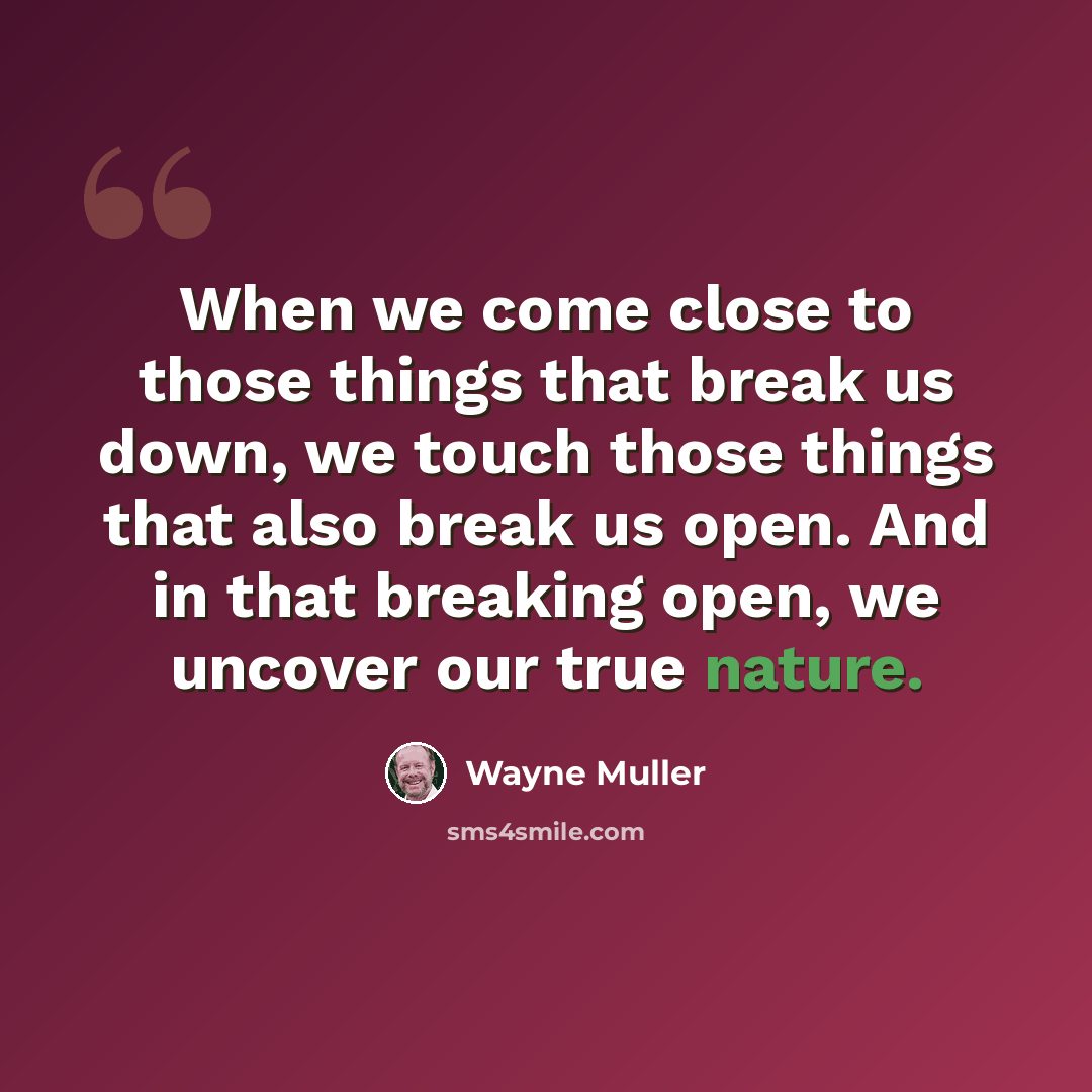 “When we come close to those things that break us down, we touch those things that also break us open. And in that breaking open, we uncover our true nature.” quote by Wayne Muller