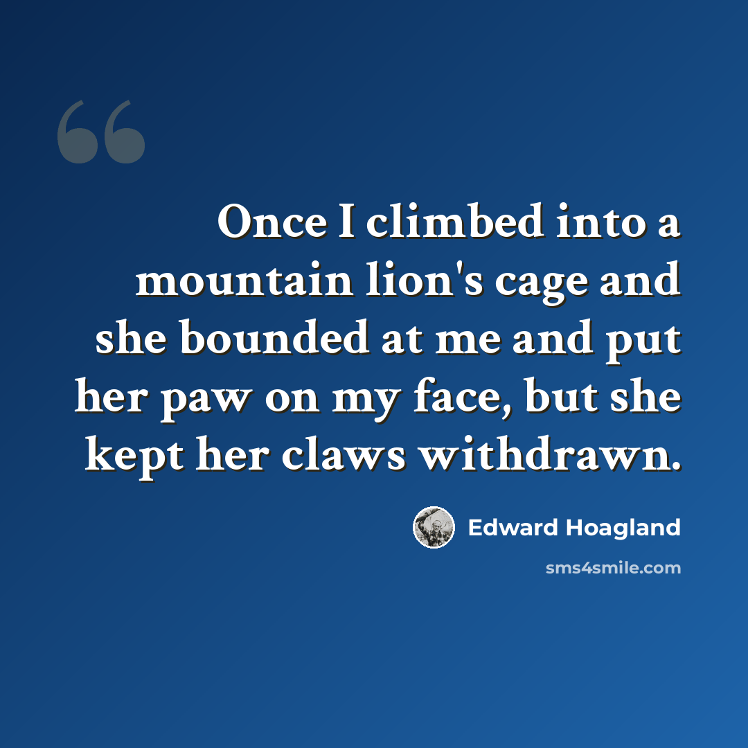 “Once I climbed into a mountain lion's cage and she bounded at me and put her paw on my face, but she kept her claws withdrawn.” quote by Edward Hoagland