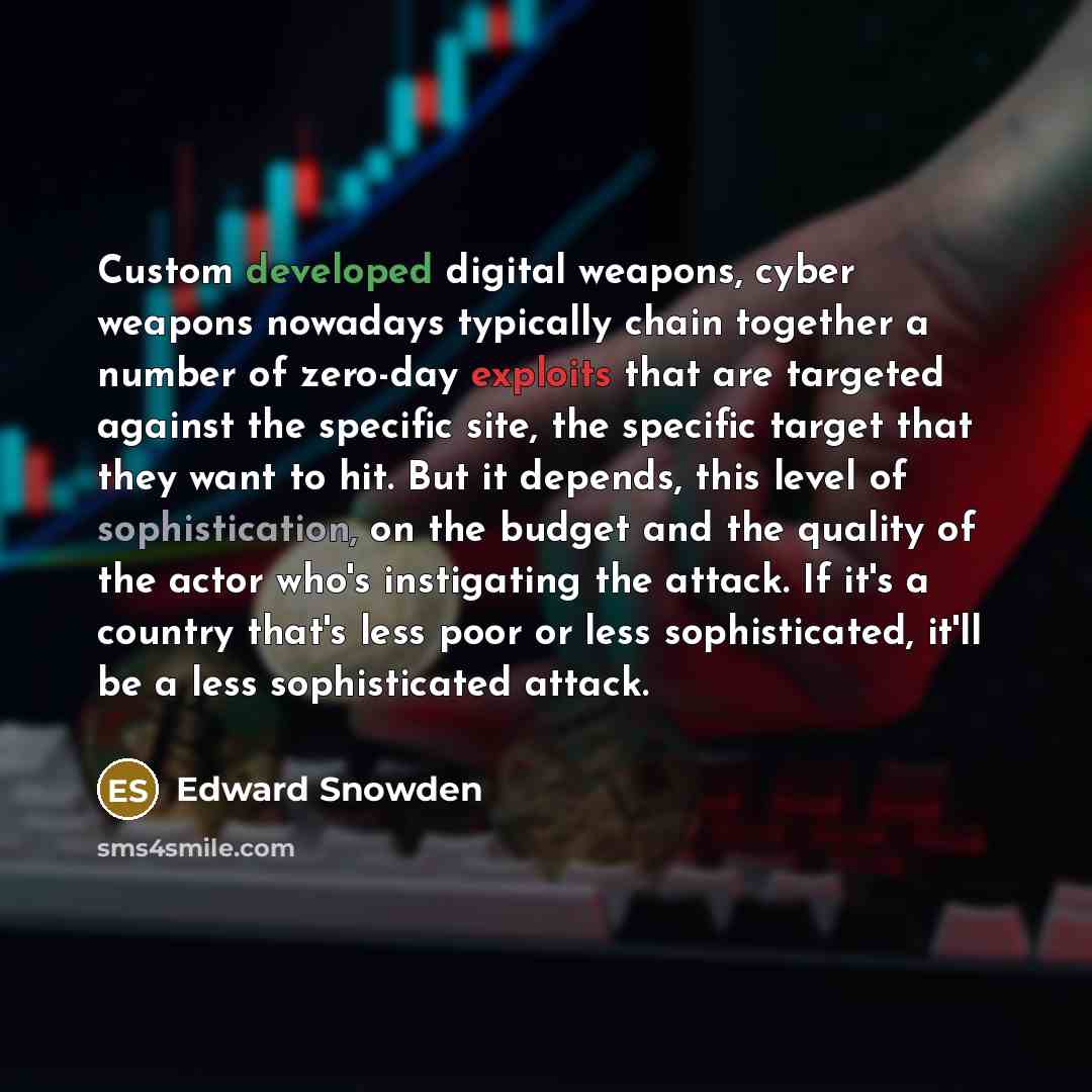 “Custom developed digital weapons, cyber weapons nowadays typically chain together a number of zero-day exploits that are targeted against the specific site, the specific target that they want to hit. But it depends, this level of sophistication, on the budget and the quality of the actor who's…” quote by Edward Snowden