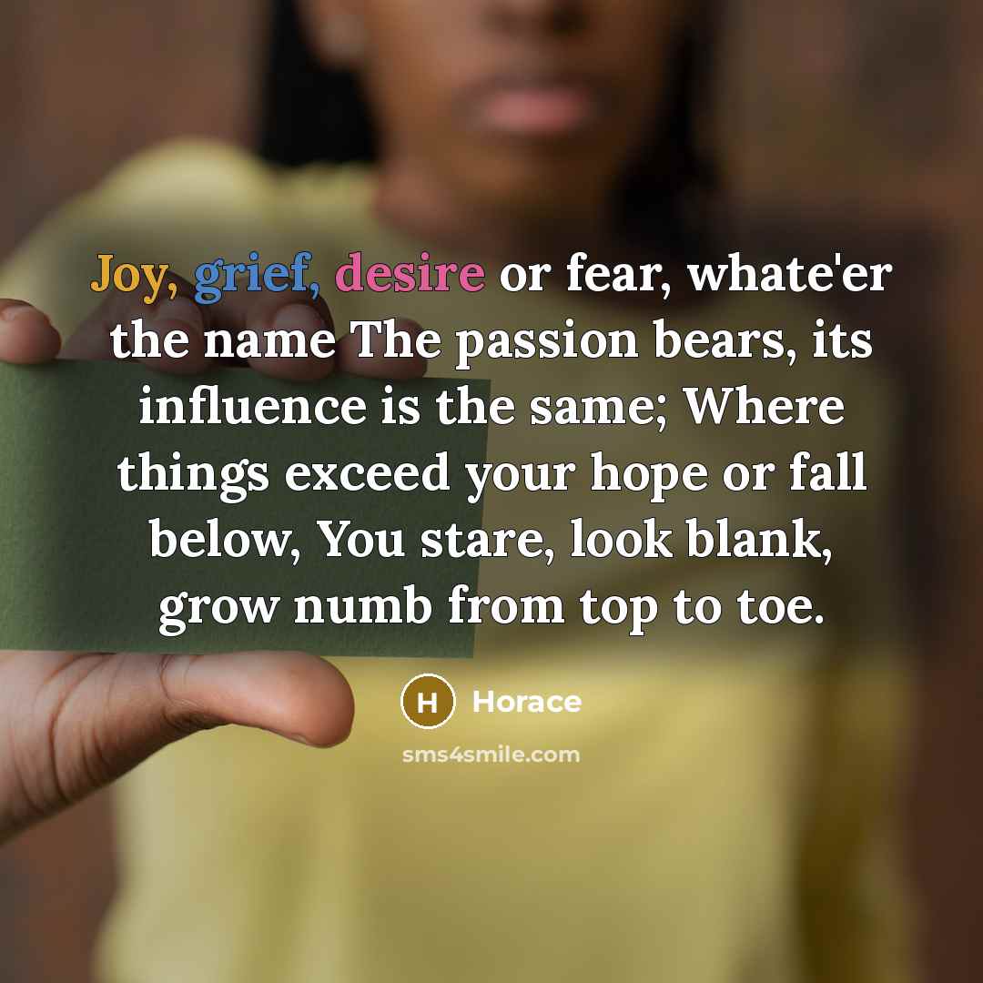 “Joy, grief, desire or fear, whate'er the name The passion bears, its influence is the same; Where things exceed your hope or fall below, You stare, look blank, grow numb from top to toe.” quote by Horace