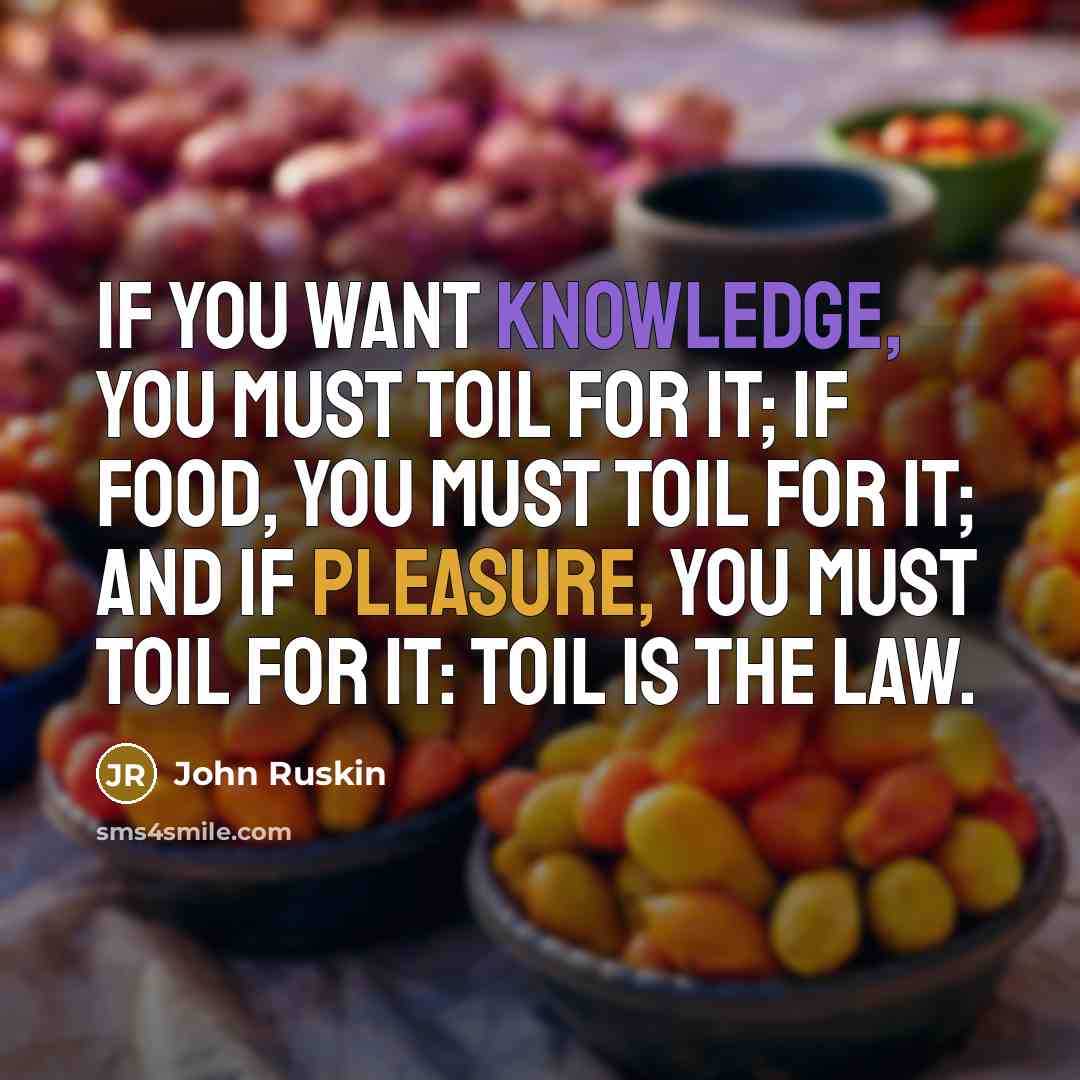 “If you want knowledge, you must toil for it; if food, you must toil for it; and if pleasure, you must toil for it: toil is the law.” quote by John Ruskin