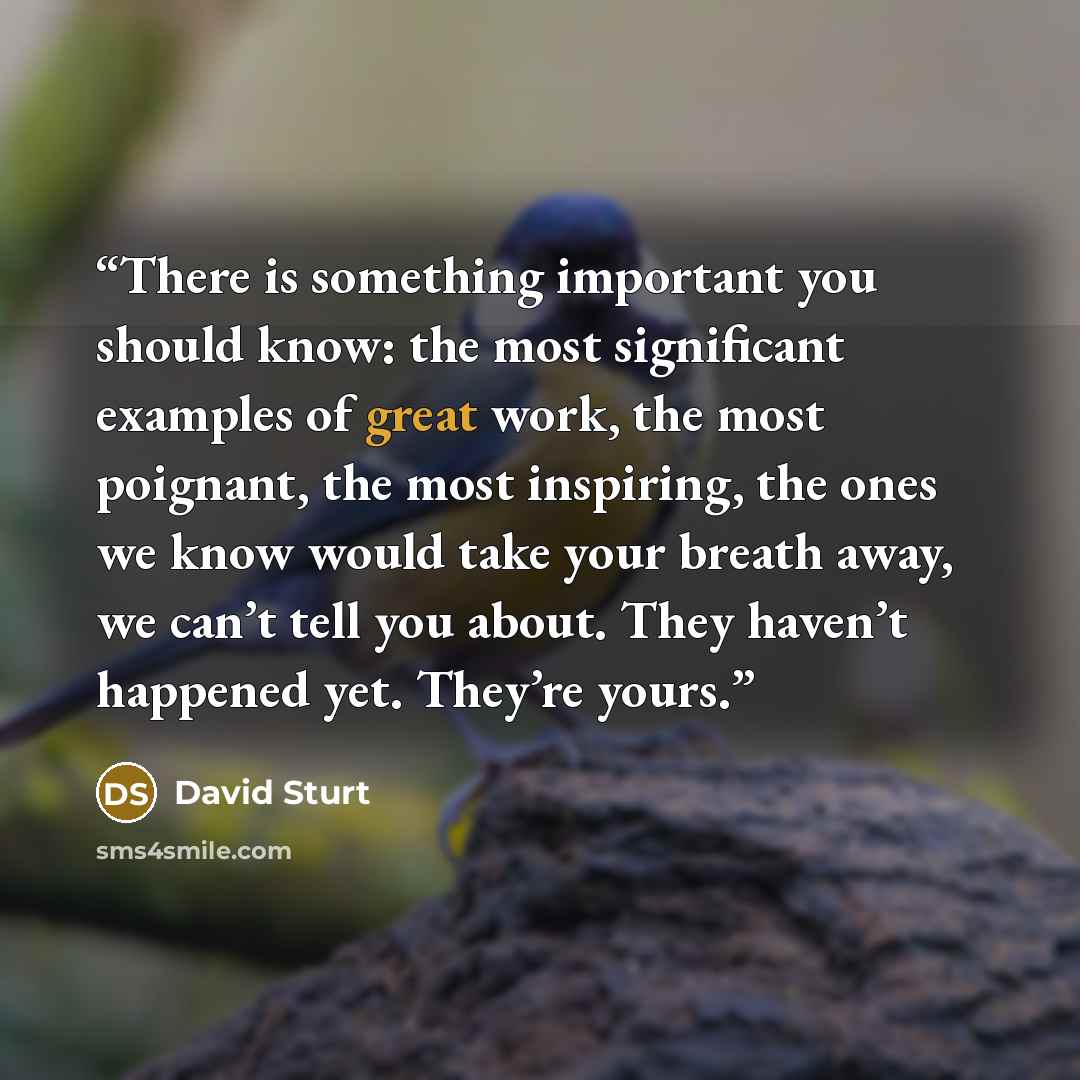 “There is something important you should know: the most significant examples of great work, the most poignant, the most inspiring, the ones we know would take your breath away, we can’t tell you about. They haven’t happened yet. They’re yours.” quote by David Sturt