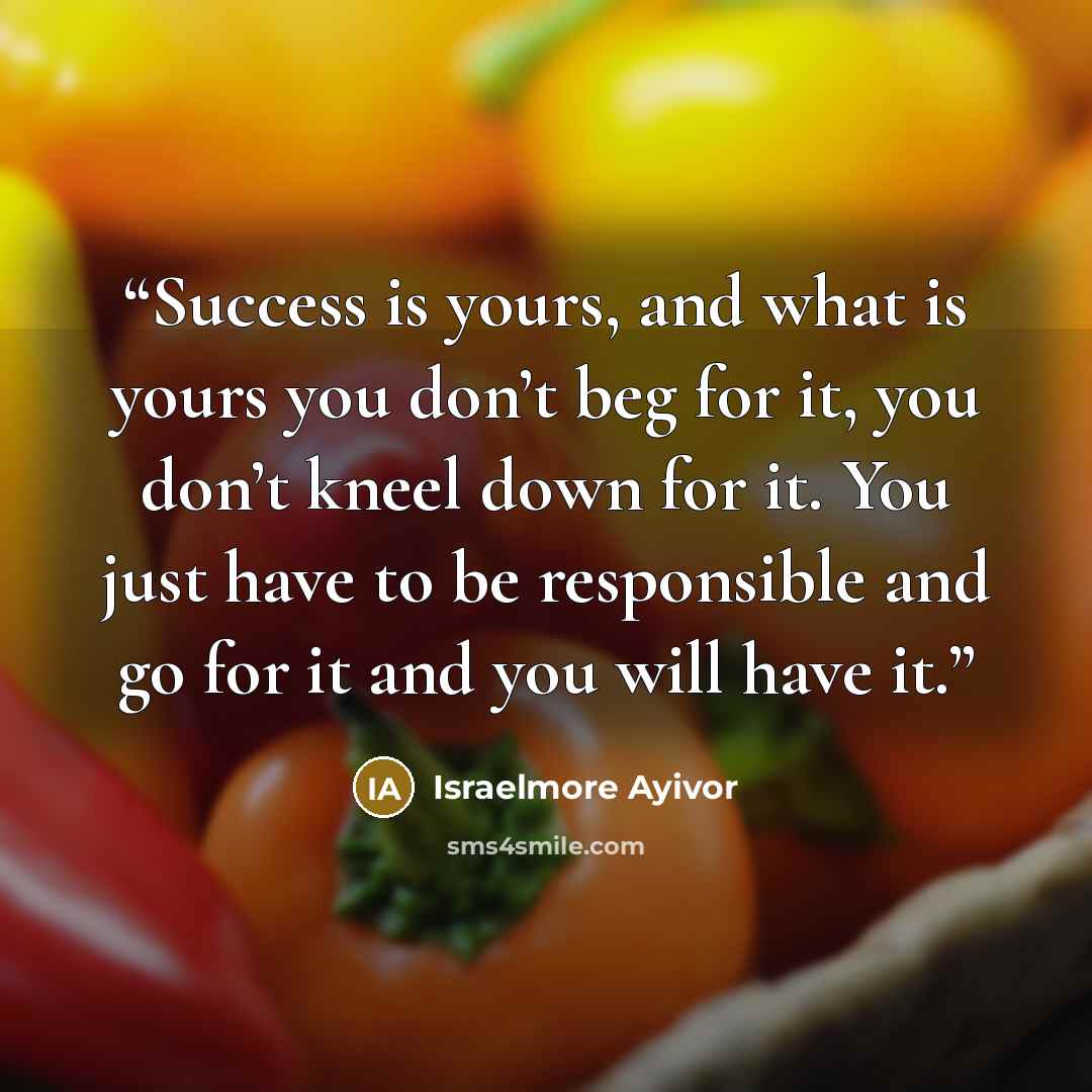 “Success is yours, and what is yours you don’t beg for it, you don’t kneel down for it. You just have to be responsible and go for it and you will have it.” quote by Israelmore Ayivor