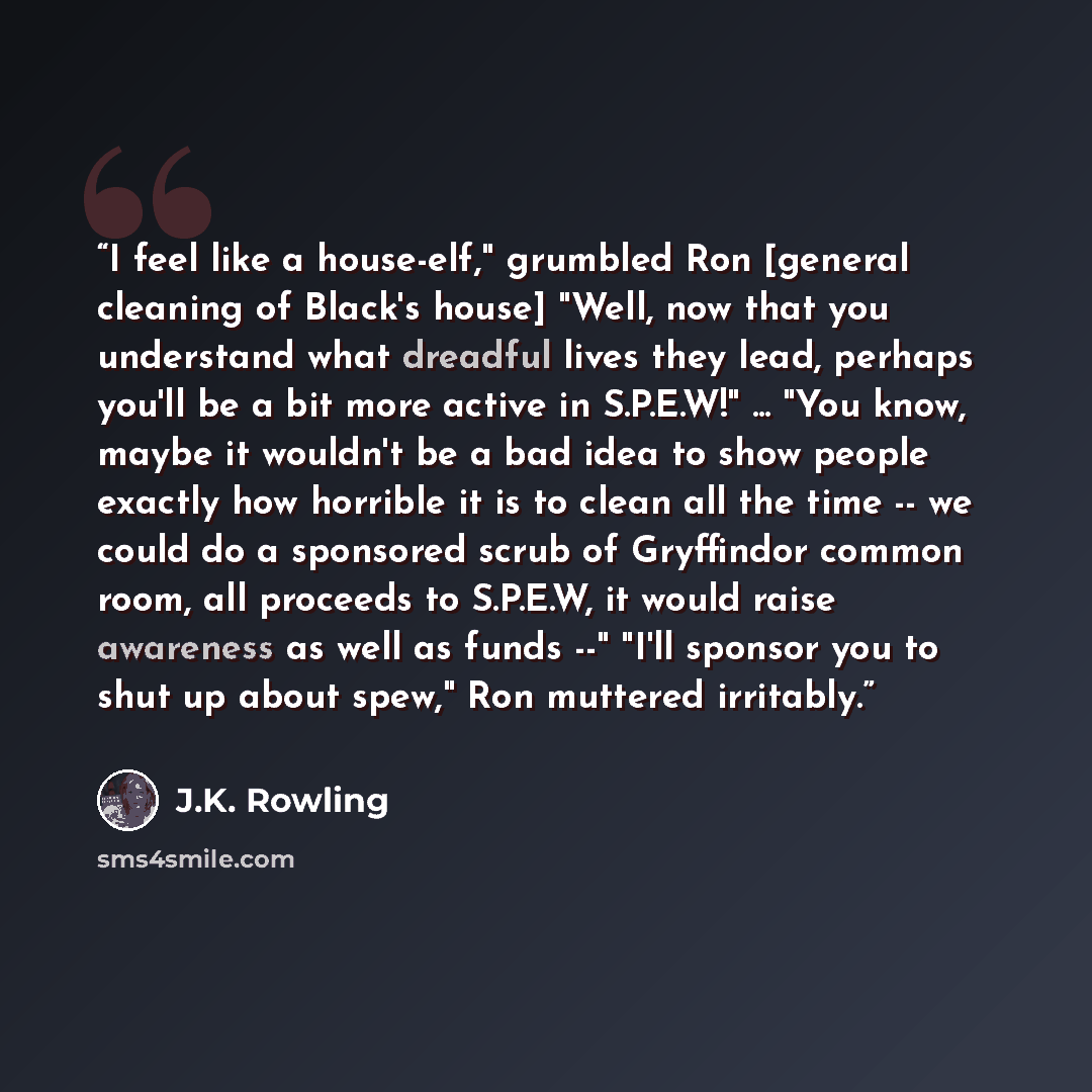 “I feel like a house-elf," grumbled Ron [general cleaning of Black's house] "Well, now that you understand what dreadful lives they lead, perhaps you'll be a bit more active in S.P.E.W!" ... "You know, maybe it wouldn't be a bad idea to show people exactly how horrible it is to clean all the time…” quote by J.K. Rowling