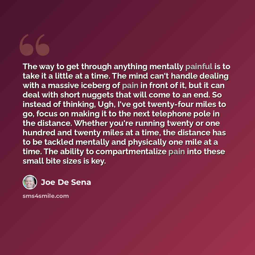 “The way to get through anything mentally painful is to take it a little at a time. The mind can't handle dealing with a massive iceberg of pain in front of it, but it can deal with short nuggets that will come to an end. So instead of thinking, Ugh, I've got twenty-four miles to go, focus on…” quote by Joe De Sena