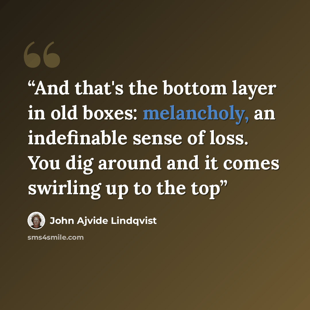 “And that's the bottom layer in old boxes: melancholy, an indefinable sense of loss. You dig around and it comes swirling up to the top” quote by John Ajvide Lindqvist