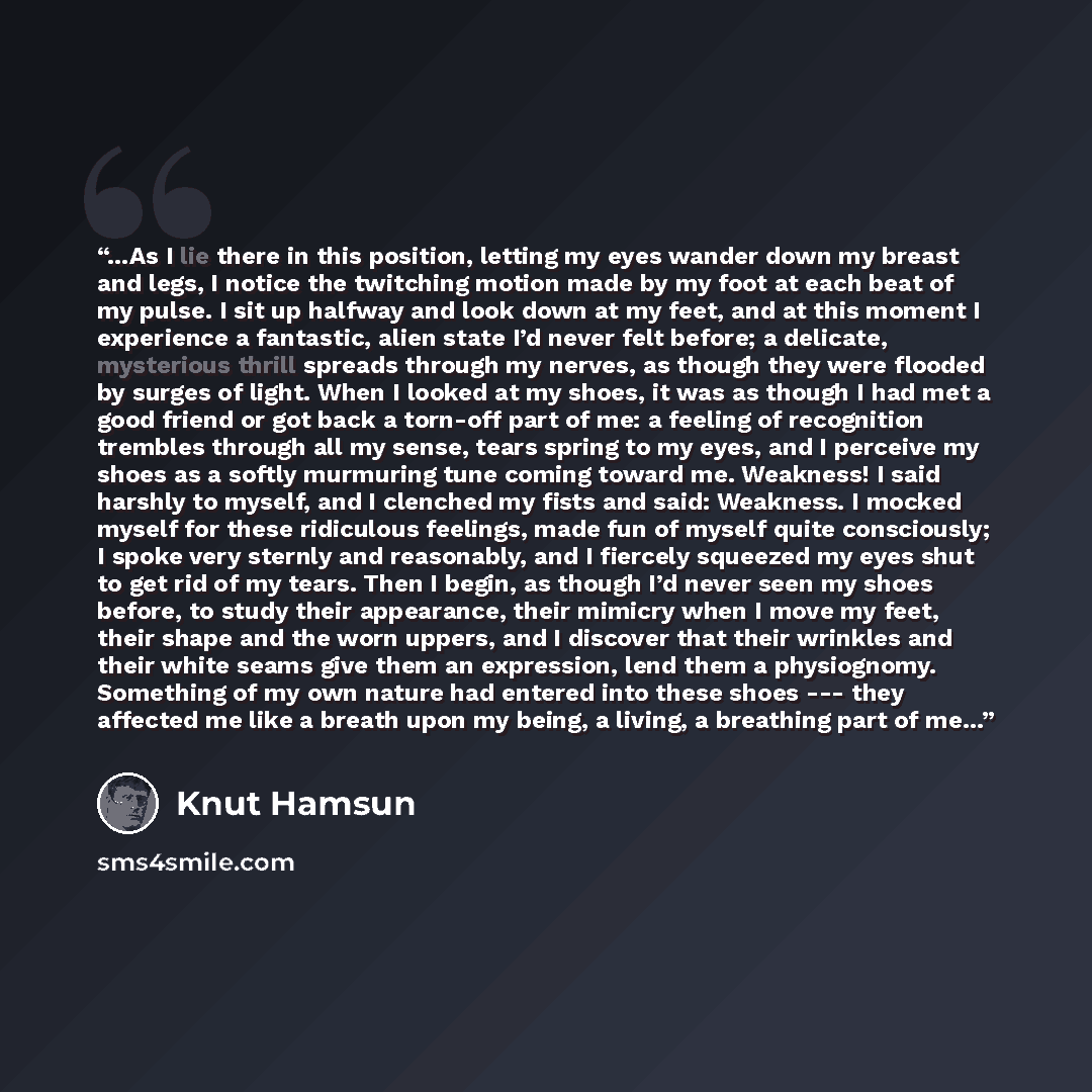 “...As I lie there in this position, letting my eyes wander down my breast and legs, I notice the twitching motion made by my foot at each beat of my pulse. I sit up halfway and look down at my feet, and at this moment I experience a fantastic, alien state I’d never felt before; a delicate…” quote by Knut Hamsun