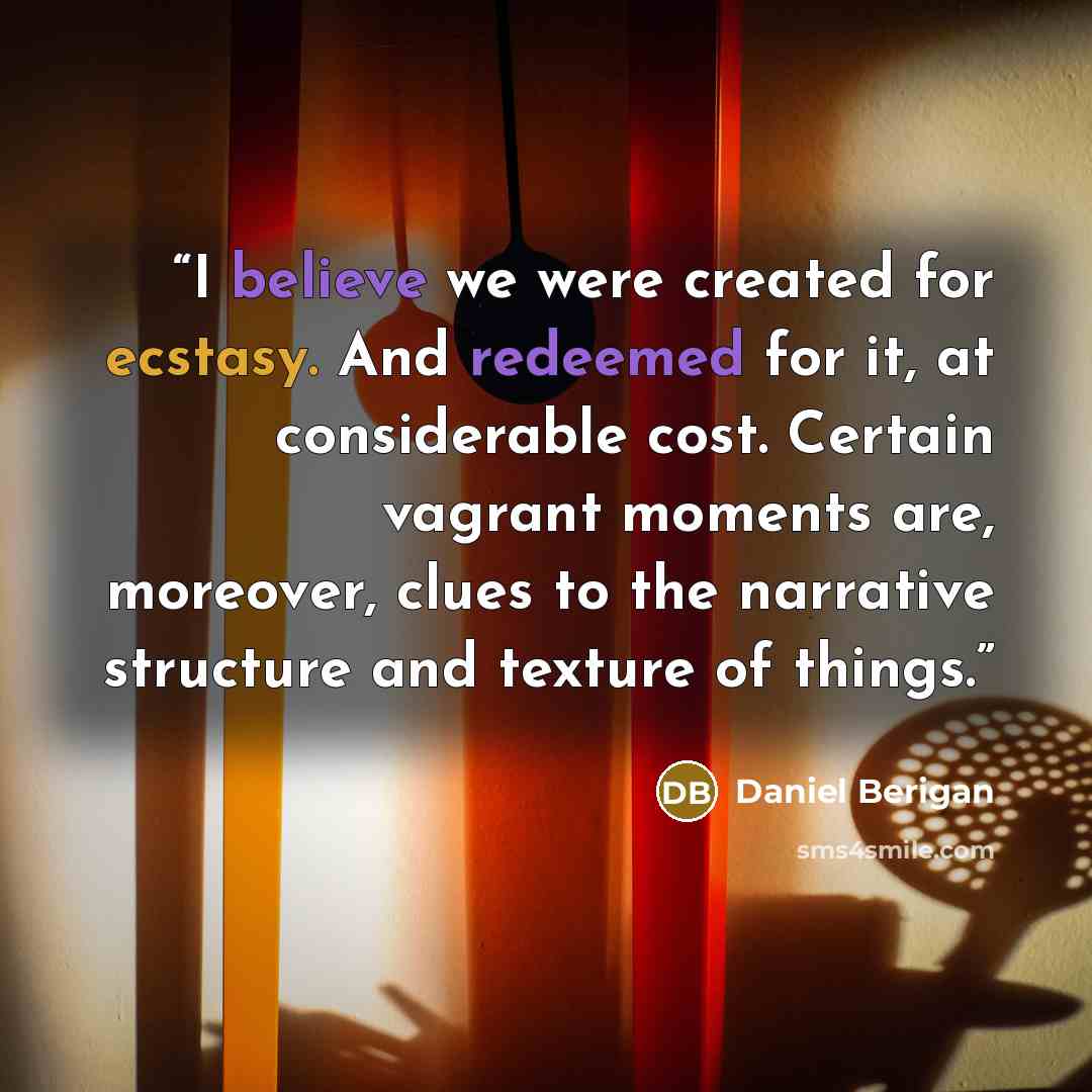 “I believe we were created for ecstasy. And redeemed for it, at considerable cost. Certain vagrant moments are, moreover, clues to the narrative structure and texture of things.” quote by Daniel Berigan