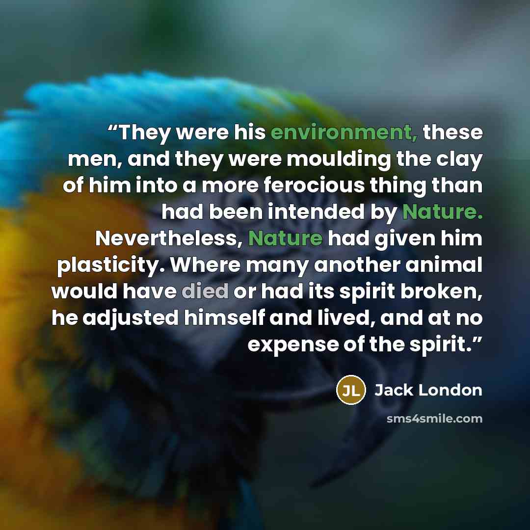 “They were his environment, these men, and they were moulding the clay of him into a more ferocious thing than had been intended by Nature. Nevertheless, Nature had given him plasticity. Where many another animal would have died or had its spirit broken, he adjusted himself and lived, and at no…” quote by Jack London