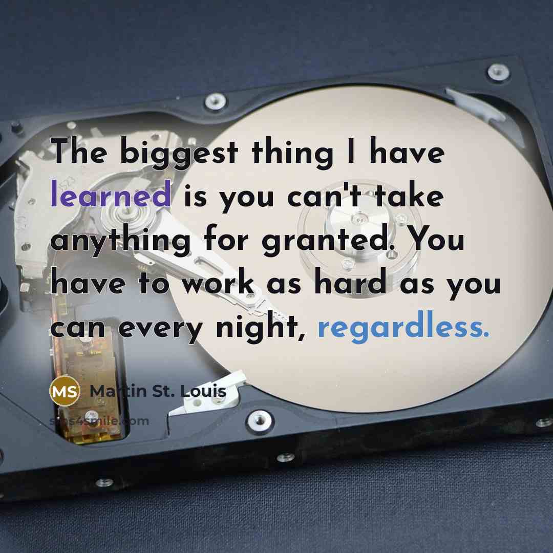 “The biggest thing I have learned is you can't take anything for granted. You have to work as hard as you can every night, regardless.” quote by Martin St. Louis