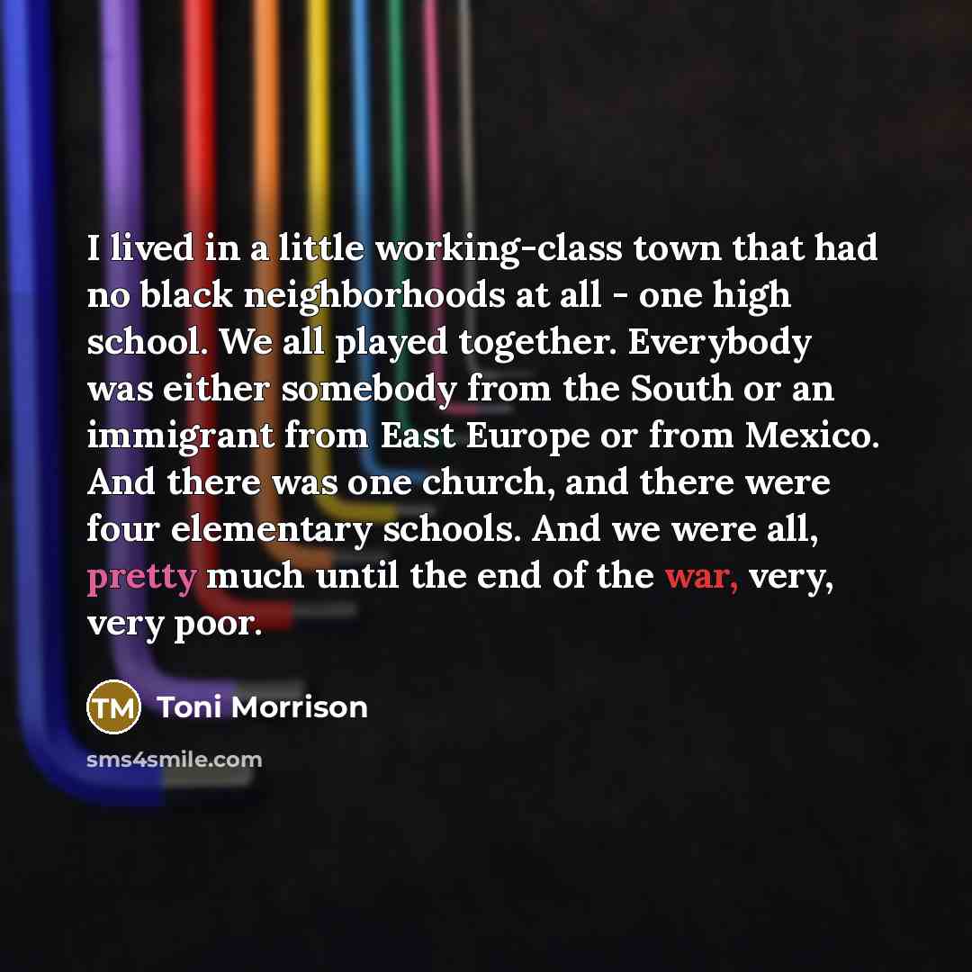 “I lived in a little working-class town that had no black neighborhoods at all - one high school. We all played together. Everybody was either somebody from the South or an immigrant from East Europe or from Mexico. And there was one church, and there were four elementary schools. And we were all…” quote by Toni Morrison
