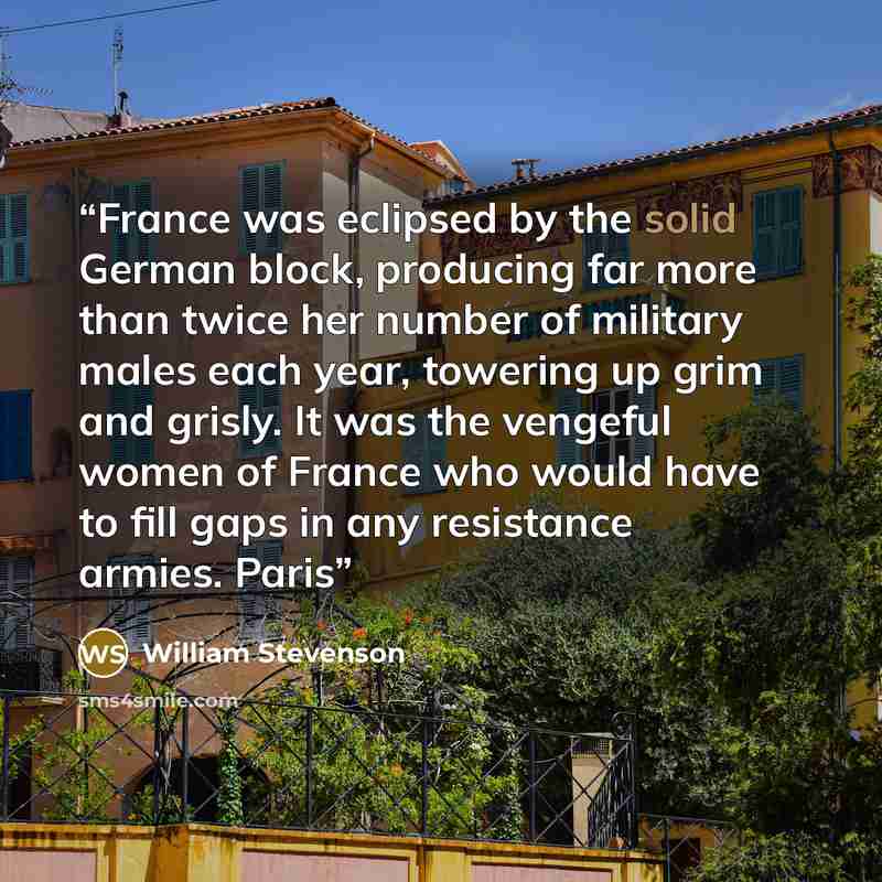 “France was eclipsed by the solid German block, producing far more than twice her number of military males each year, towering up grim and grisly. It was the vengeful women of France who would have to fill gaps in any resistance armies. Paris” quote by William Stevenson