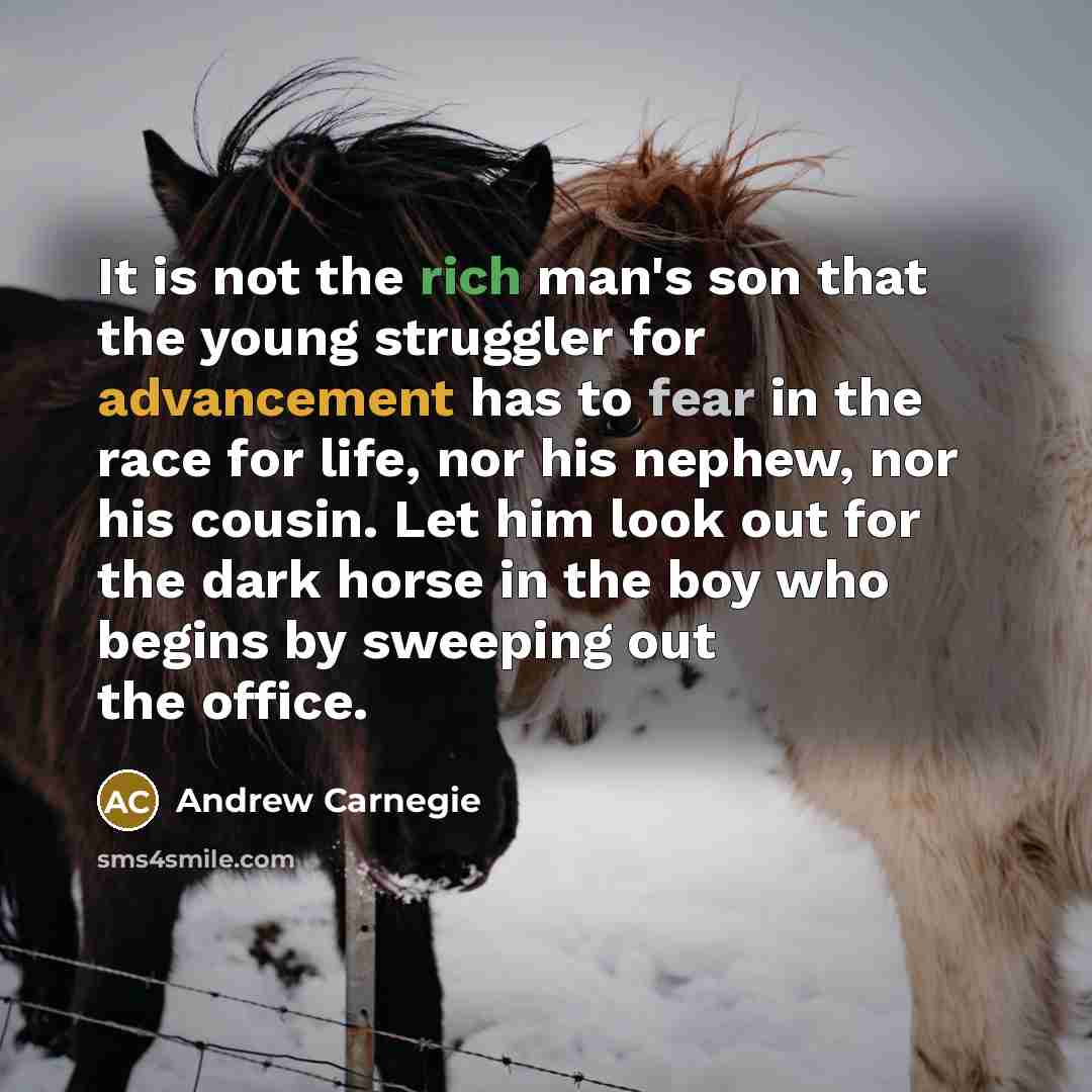 “It is not the rich man's son that the young struggler for advancement has to fear in the race for life, nor his nephew, nor his cousin. Let him look out for the dark horse in the boy who begins by sweeping out the office.” quote by Andrew Carnegie