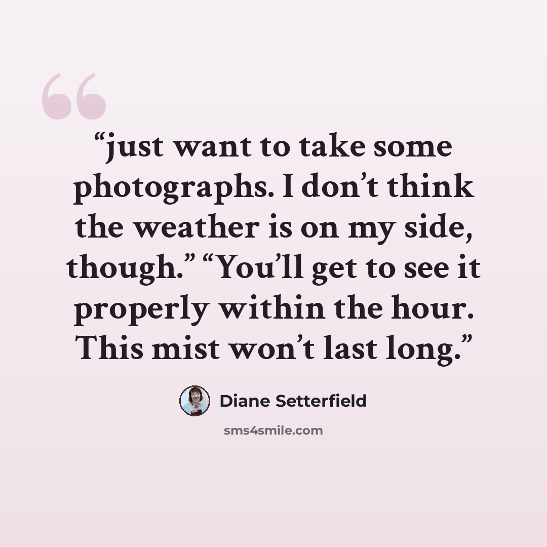 “just want to take some photographs. I don’t think the weather is on my side, though.” “You’ll get to see it properly within the hour. This mist won’t last long.” quote by Diane Setterfield