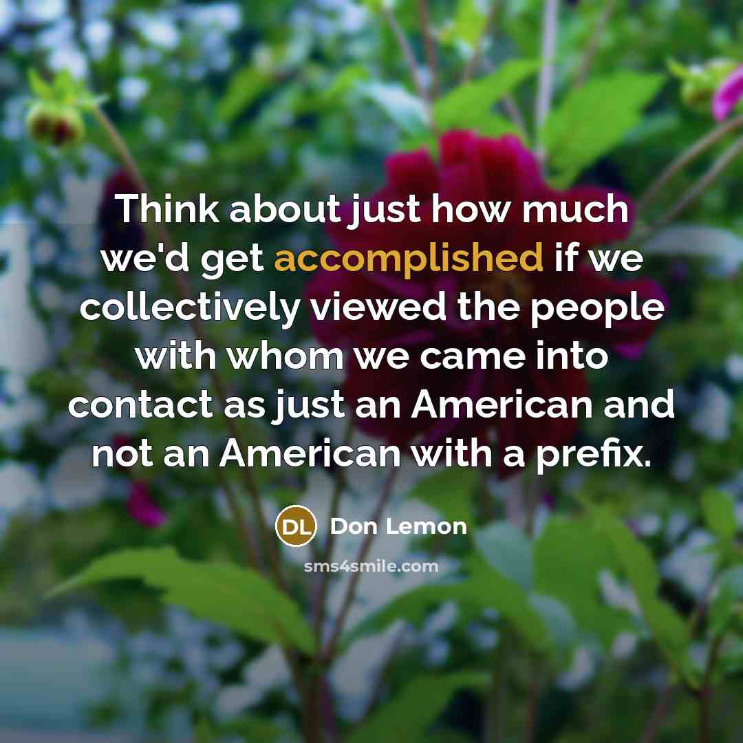 “Think about just how much we'd get accomplished if we collectively viewed the people with whom we came into contact as just an American and not an American with a prefix.” quote by Don Lemon