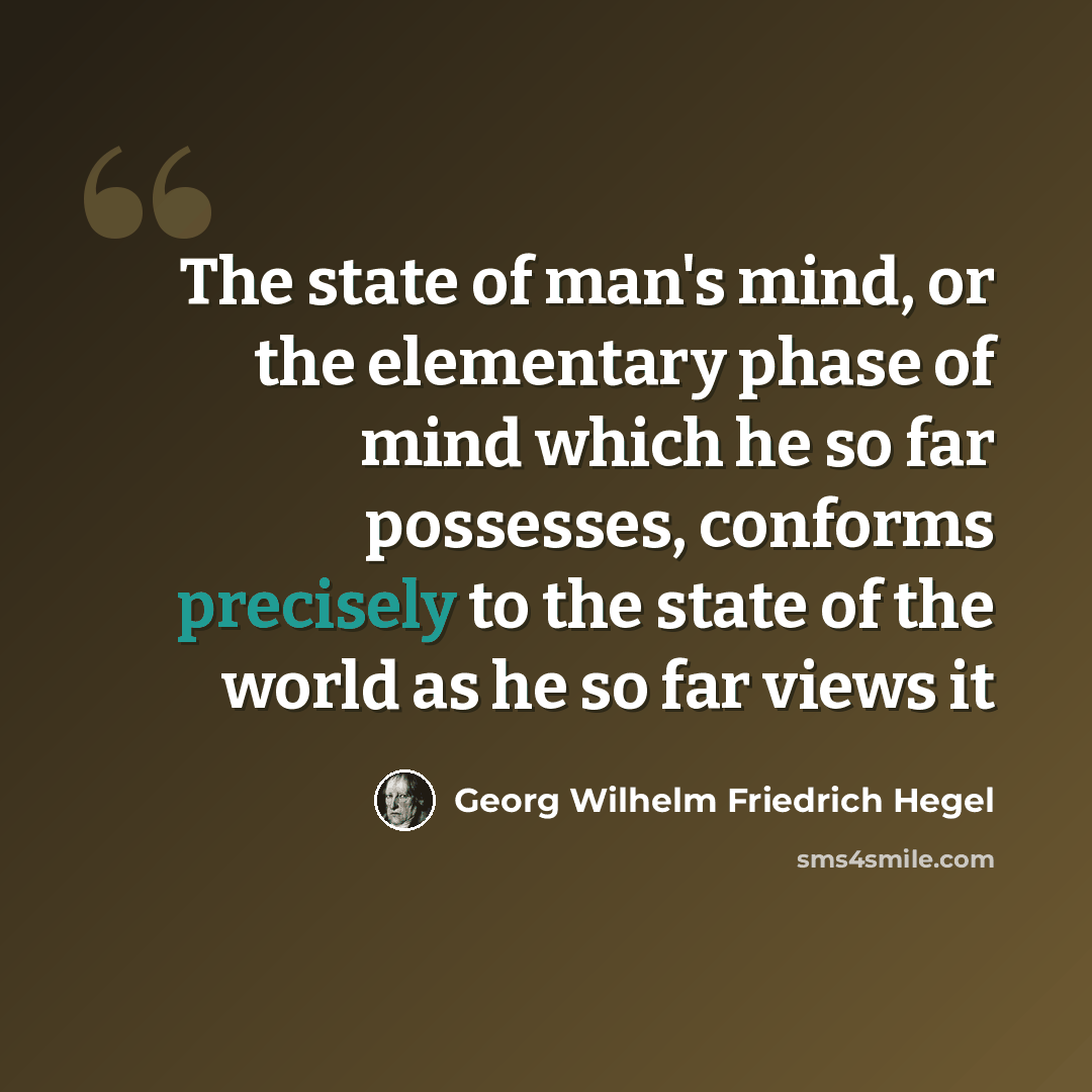 “The state of man's mind, or the elementary phase of mind which he so far possesses, conforms precisely to the state of the world as he so far views it” quote by Georg Wilhelm Friedrich Hegel