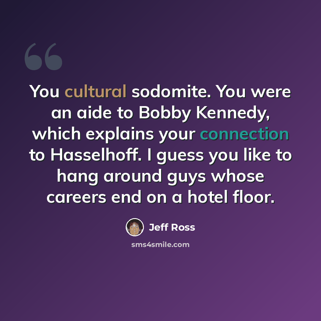 “You cultural sodomite. You were an aide to Bobby Kennedy, which explains your connection to Hasselhoff. I guess you like to hang around guys whose careers end on a hotel floor.” quote by Jeff Ross