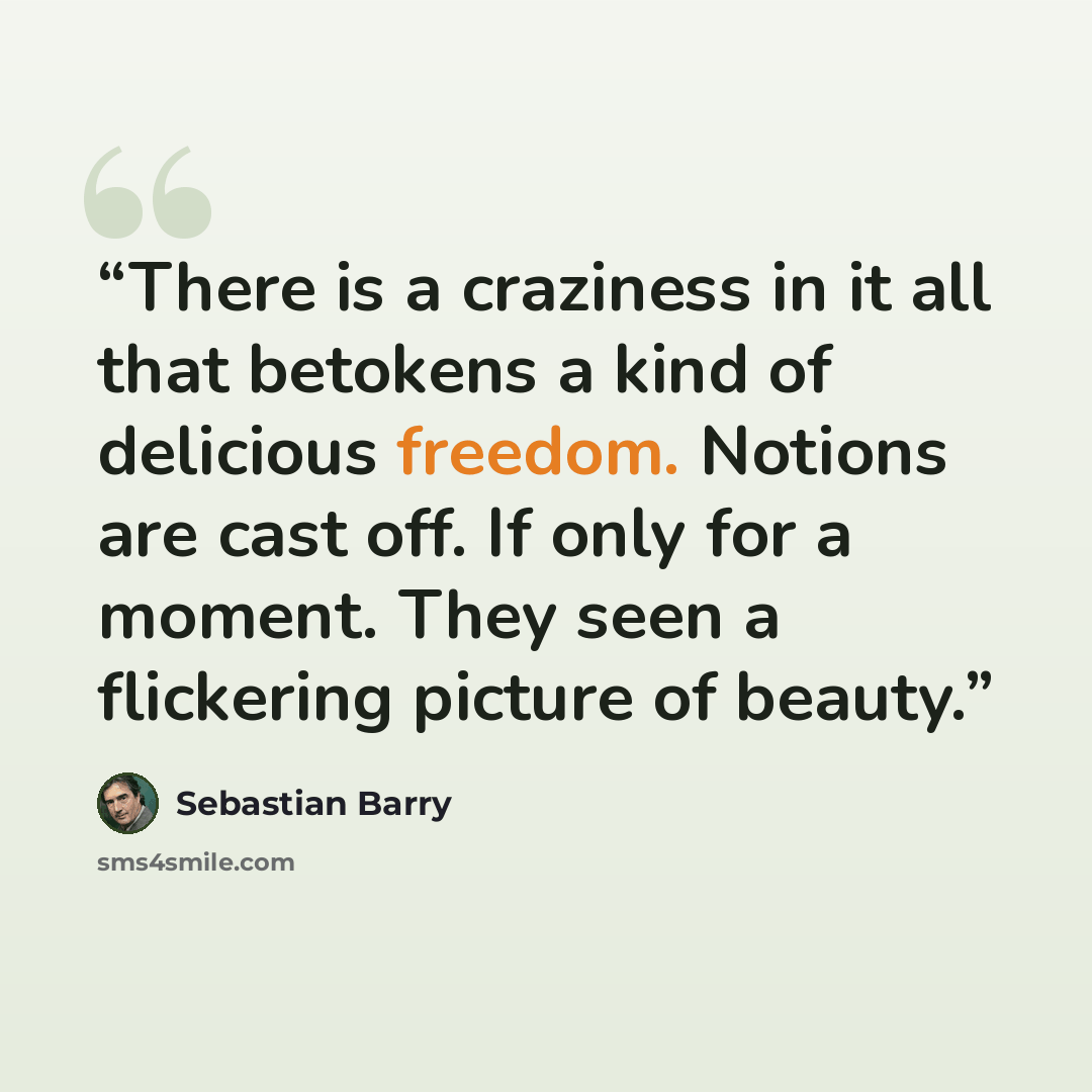 “There is a craziness in it all that betokens a kind of delicious freedom. Notions are cast off. If only for a moment. They seen a flickering picture of beauty.” quote by Sebastian Barry