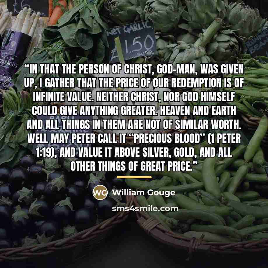 “In that the person of Christ, God-Man, was given up, I gather that the price of our redemption is of infinite value. Neither Christ, nor God Himself could give anything greater. Heaven and earth and all things in them are not of similar worth. Well may Peter call it “precious blood” (1 Peter…” quote by William Gouge