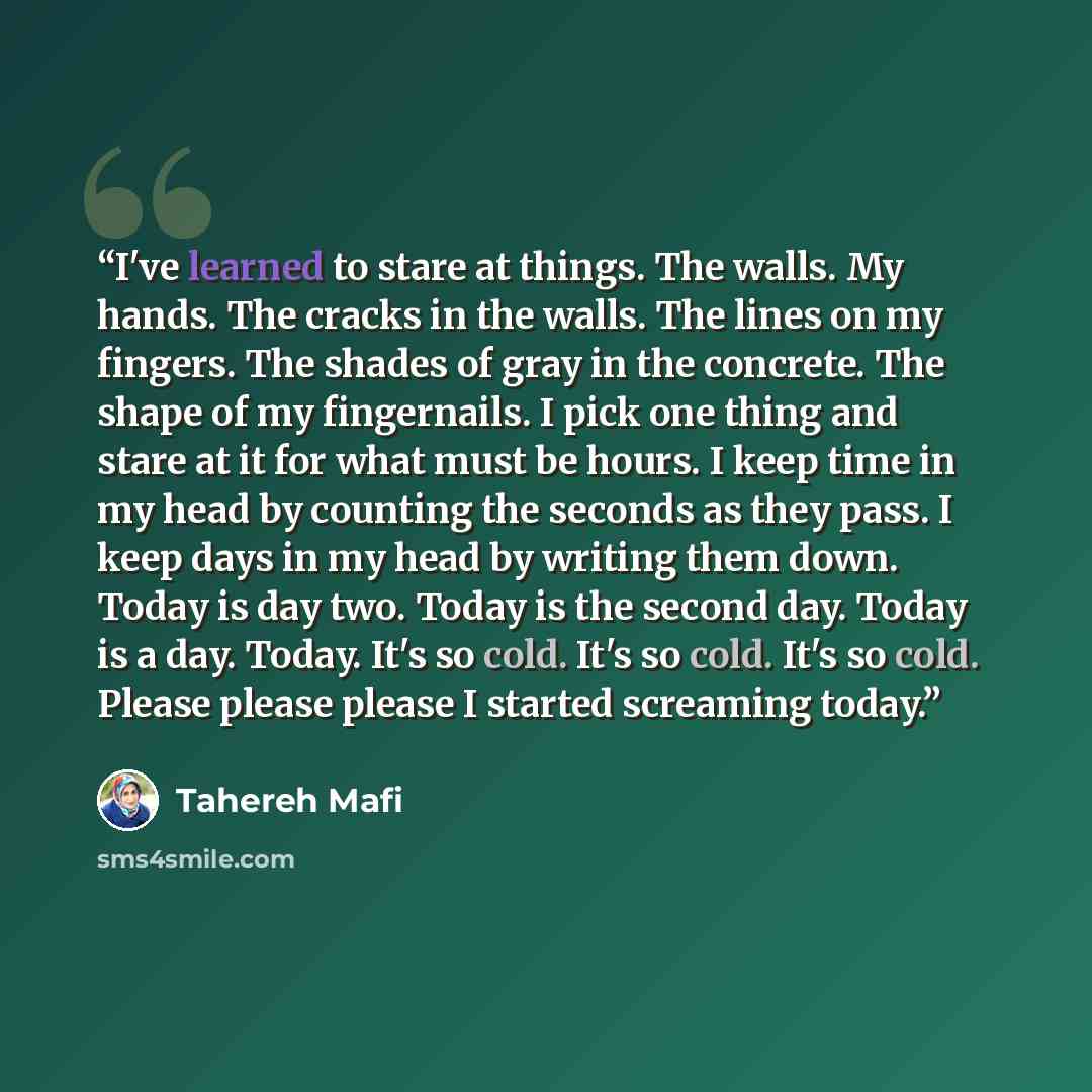 “I've learned to stare at things. The walls. My hands. The cracks in the walls. The lines on my fingers. The shades of gray in the concrete. The shape of my fingernails. I pick one thing and stare at it for what must be hours. I keep time in my head by counting the seconds as they pass. I keep days…” quote by Tahereh Mafi