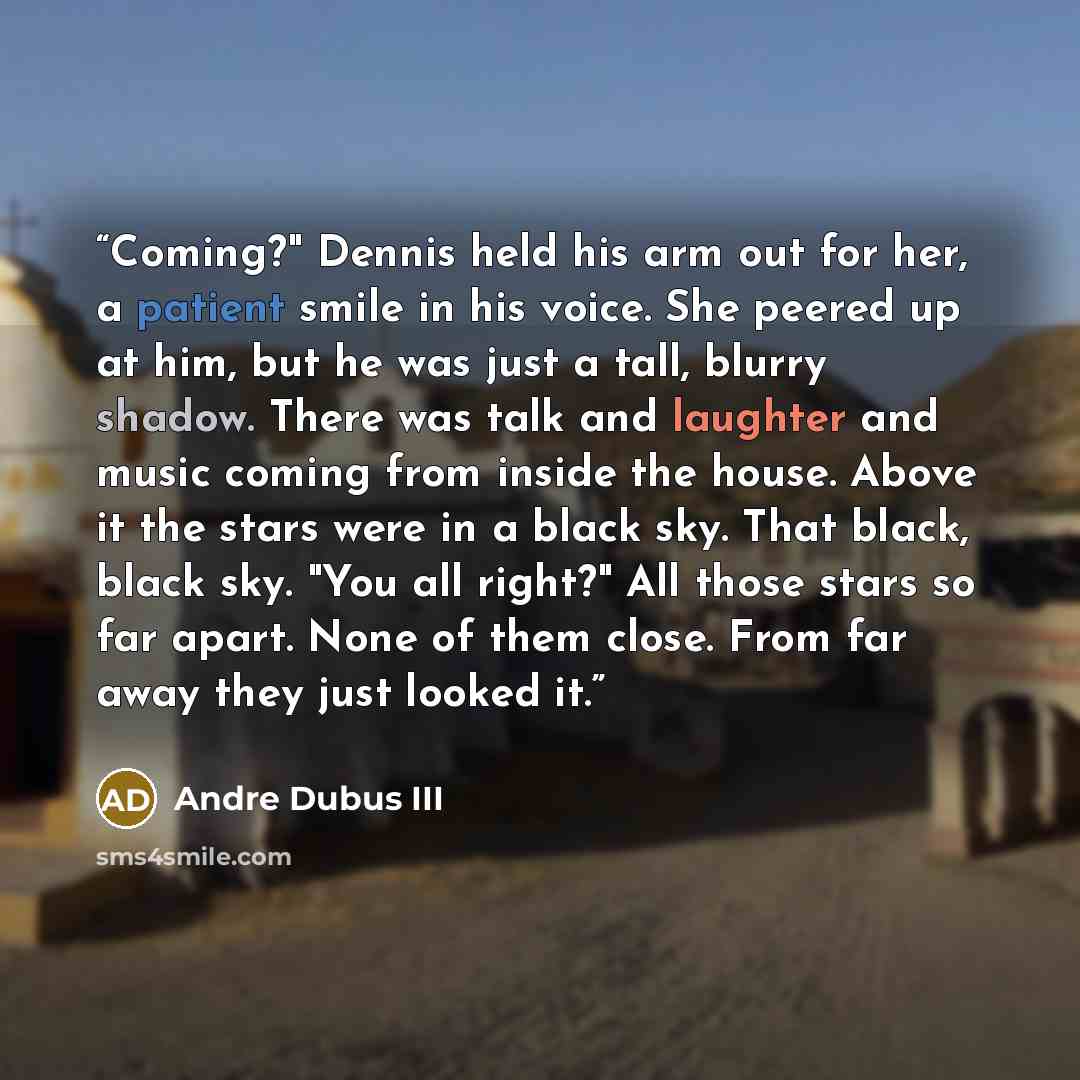 “Coming?" Dennis held his arm out for her, a patient smile in his voice. She peered up at him, but he was just a tall, blurry shadow. There was talk and laughter and music coming from inside the house. Above it the stars were in a black sky. That black, black sky. "You all right?" All those stars…” quote by Andre Dubus III