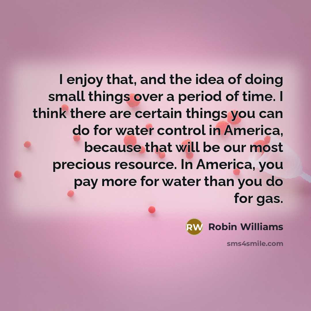 “I enjoy that, and the idea of doing small things over a period of time. I think there are certain things you can do for water control in America, because that will be our most precious resource. In America, you pay more for water than you do for gas.” quote by Robin Williams