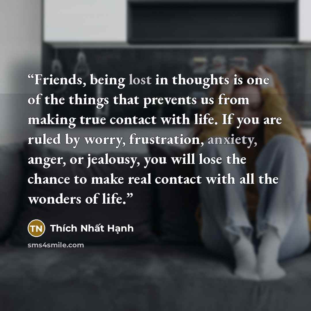 “Friends, being lost in thoughts is one of the things that prevents us from making true contact with life. If you are ruled by worry, frustration, anxiety, anger, or jealousy, you will lose the chance to make real contact with all the wonders of life.” quote by Thich Nhat Hanh