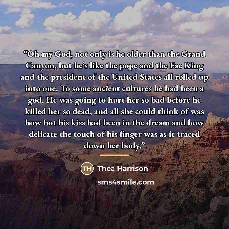 “Oh my God, not only is he older than the Grand Canyon, but he’s like the pope and the Fae King and the president of the United States all rolled up into one. To some ancient cultures he had been a god. He was going to hurt her so bad before he killed her so dead, and all she could think of was how…” quote by Thea Harrison