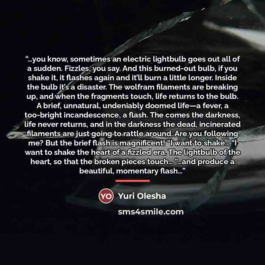 “…you know, sometimes an electric lightbulb goes out all of a sudden. Fizzles, you say. And this burned-out bulb, if you shake it, it flashes again and it’ll burn a little longer. Inside the bulb it’s a disaster. The wolfram filaments are breaking up, and when the fragments touch, life returns to…” quote by Yuri Olesha