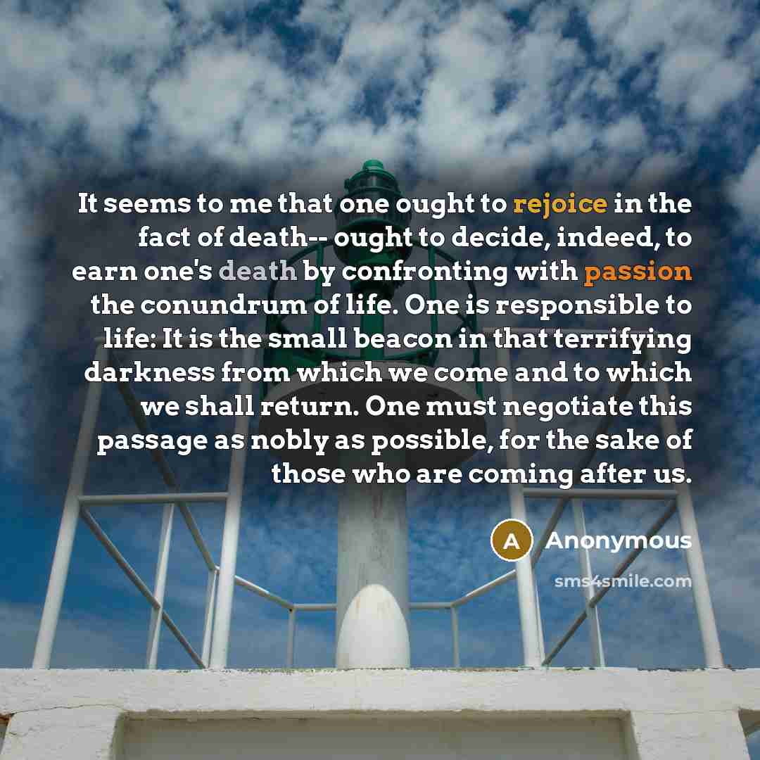 “It seems to me that one ought to rejoice in the fact of death-- ought to decide, indeed, to earn one's death by confronting with passion the conundrum of life. One is responsible to life: It is the small beacon in that terrifying darkness from which we come and to which we shall return. One must…” quote by Anonymous