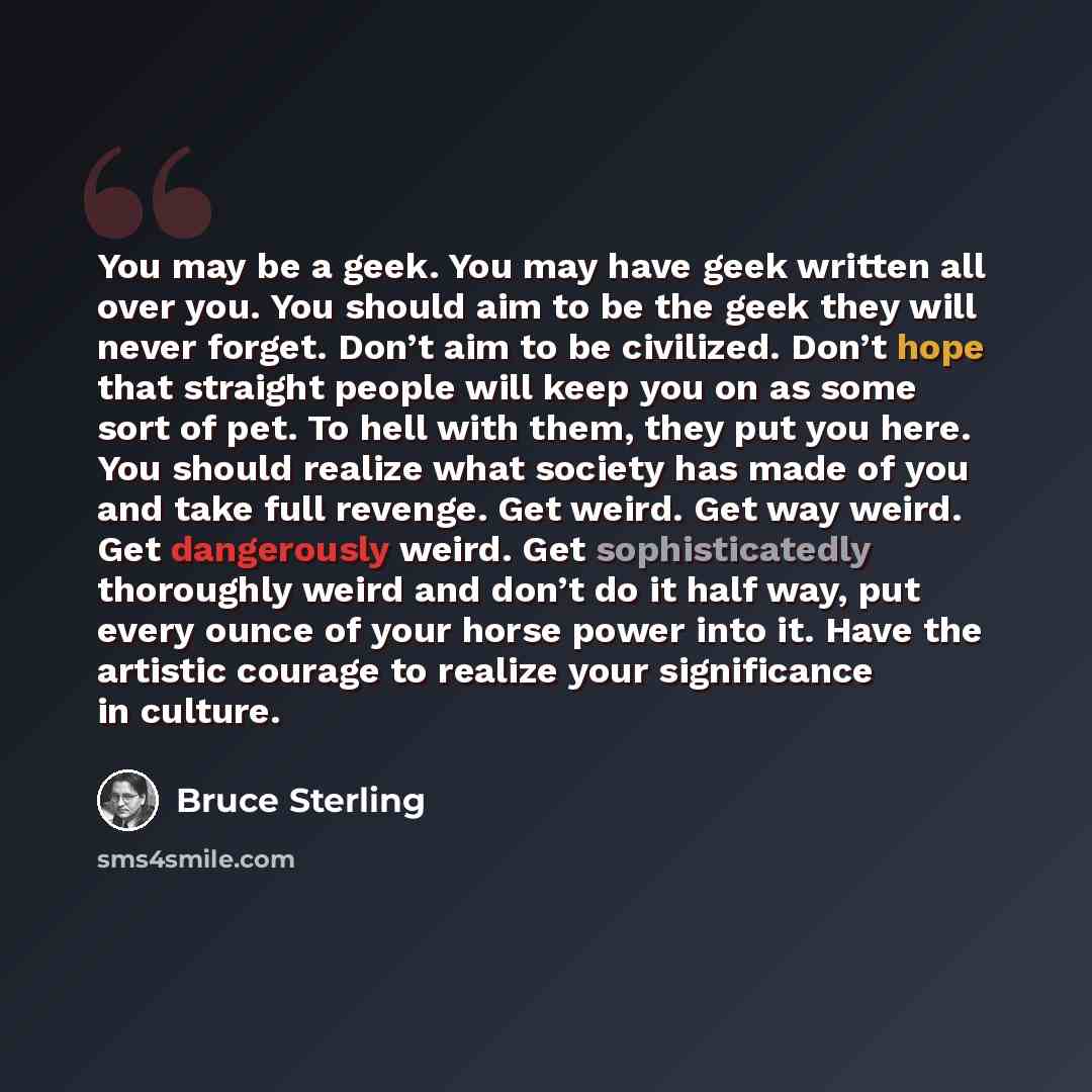 “You may be a geek. You may have geek written all over you. You should aim to be the geek they will never forget. Don’t aim to be civilized. Don’t hope that straight people will keep you on as some sort of pet. To hell with them, they put you here. You should realize what society has made of you…” quote by Bruce Sterling