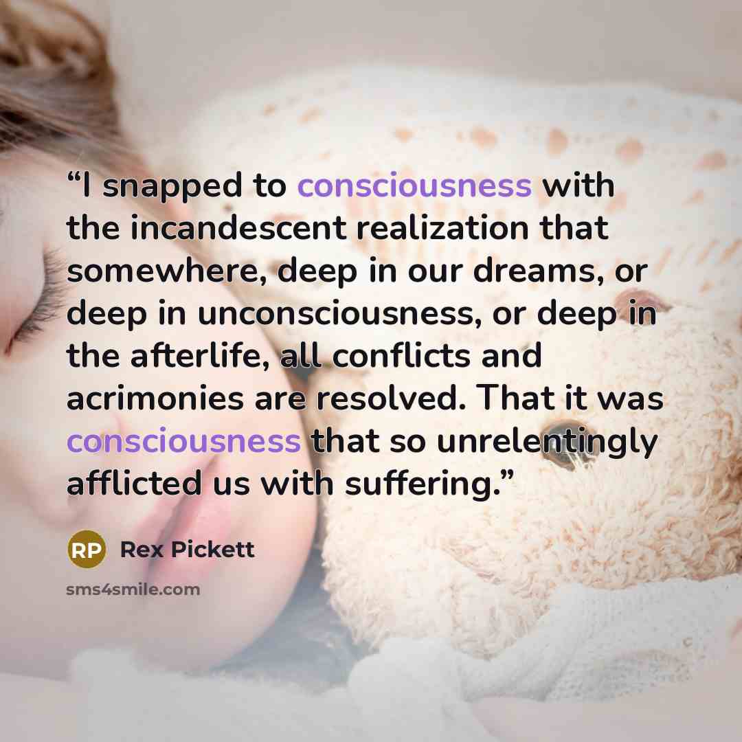“I snapped to consciousness with the incandescent realization that somewhere, deep in our dreams, or deep in unconsciousness, or deep in the afterlife, all conflicts and acrimonies are resolved. That it was consciousness that so unrelentingly afflicted us with suffering.” quote by Rex Pickett